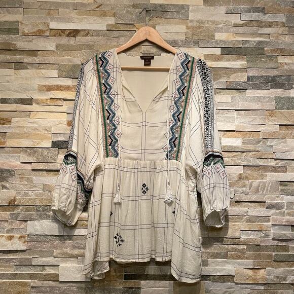 Vineet Bahl XL Embroidered Boho Tunic | Artisan Stitching Peasant Blouse India - Picture 4 of 7